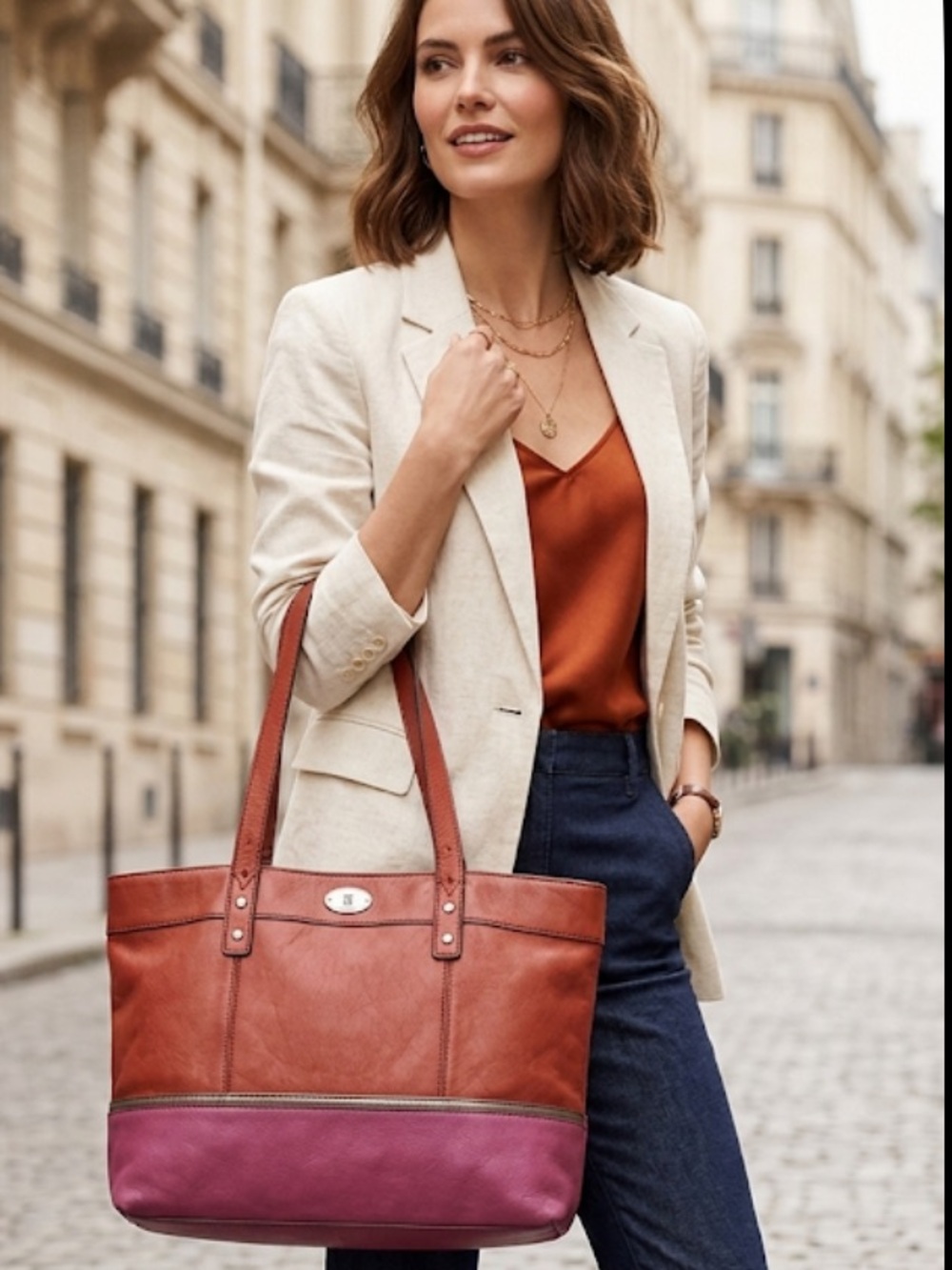 Fossil Emma East-West Leather Colorblock Tote – Red & Fuchsia